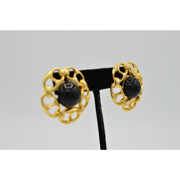 Vintage Cabochon Earrings Chain Link Round Gold Black Beaded Chunky NOS 1980s 9H - Picture 5 of 9